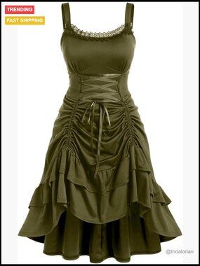 Plus Size Gothic Lace Trim Lace-up Ruffled Cinched Ruched High Low Midi Dress